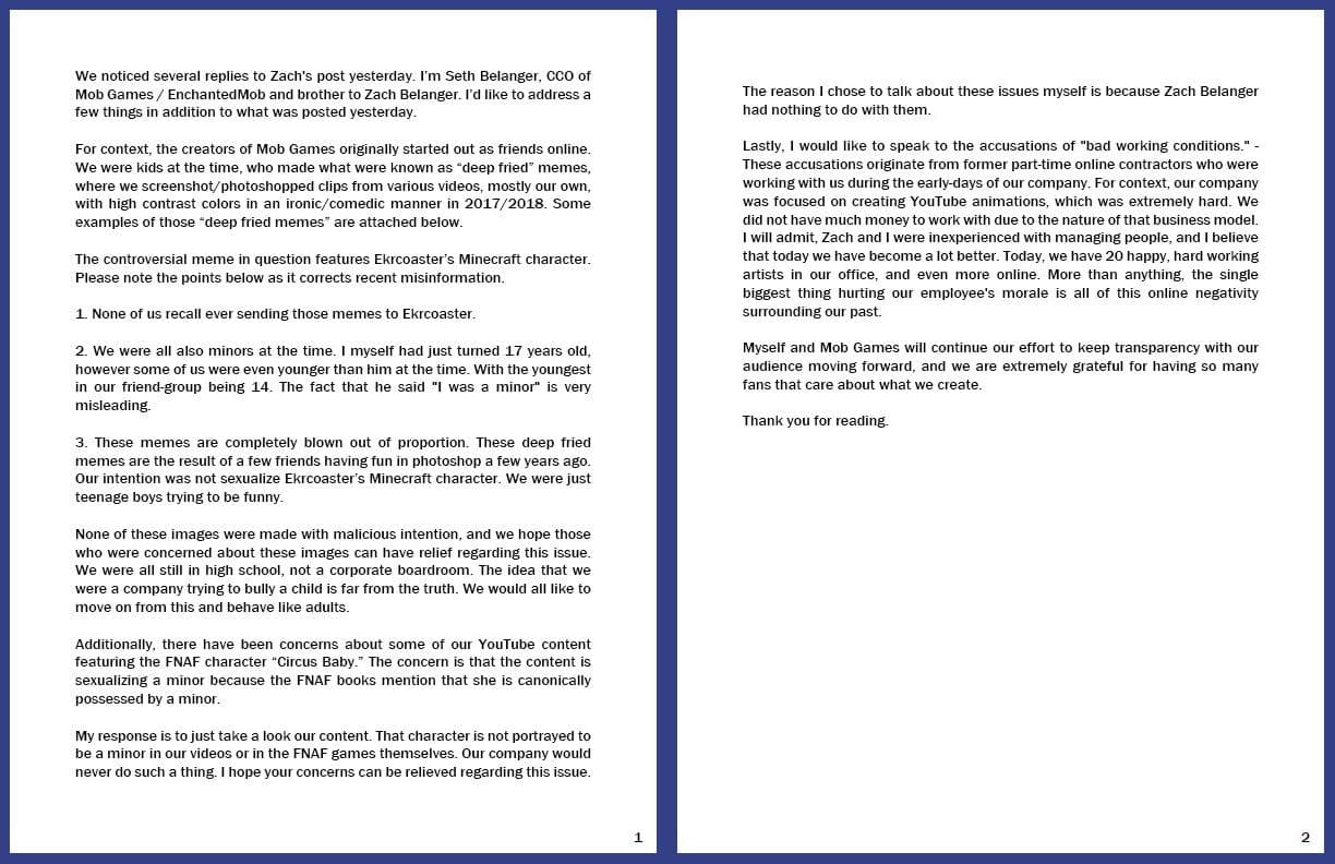 A photo of the statement released by Seth Belanger, CCO of Mob Entertainment, attempting to rebuke allegations. This image has since been removed from Seth Belanger's Twitter.