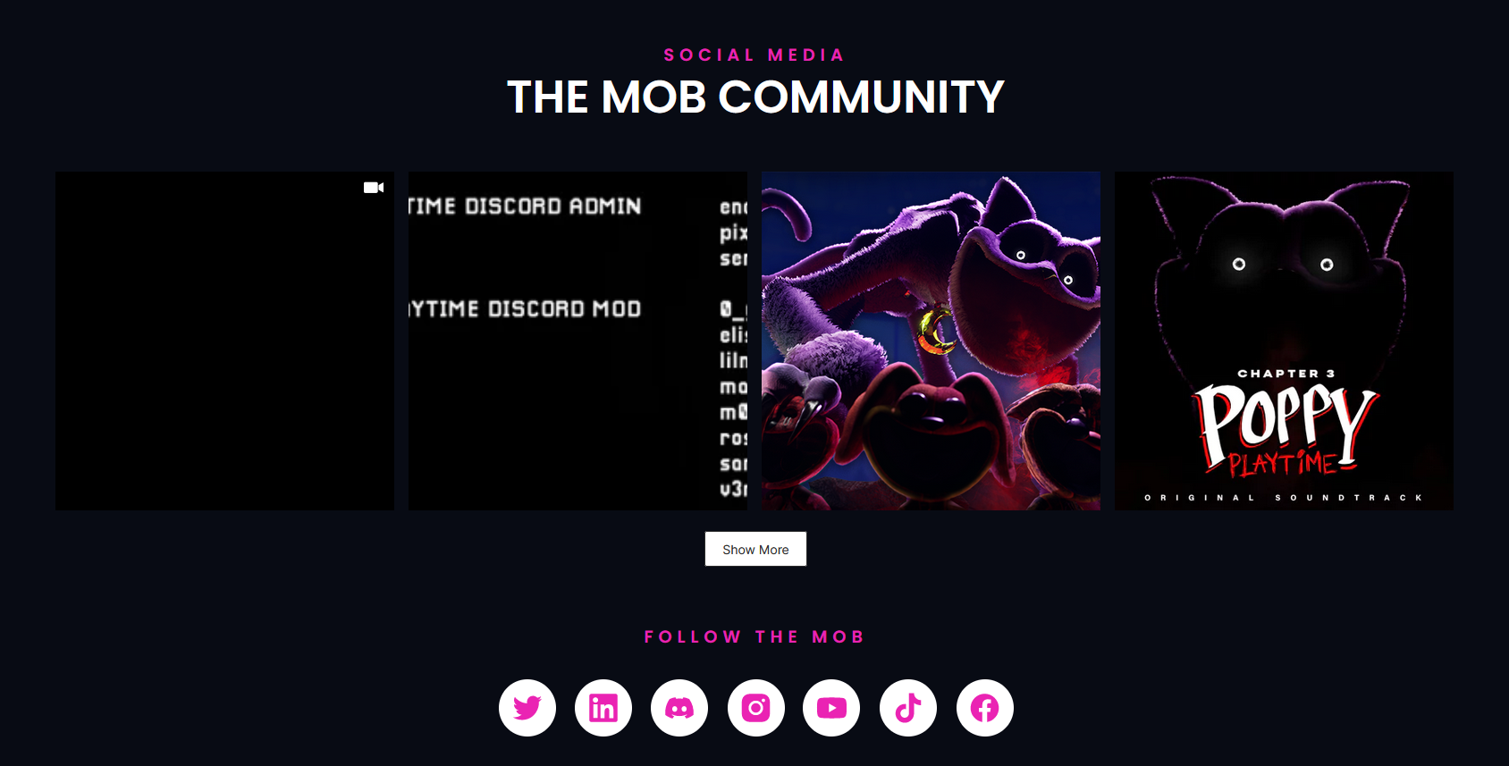 Screenshot from the official Mob Entertainment website showing seven links to different social media platforms