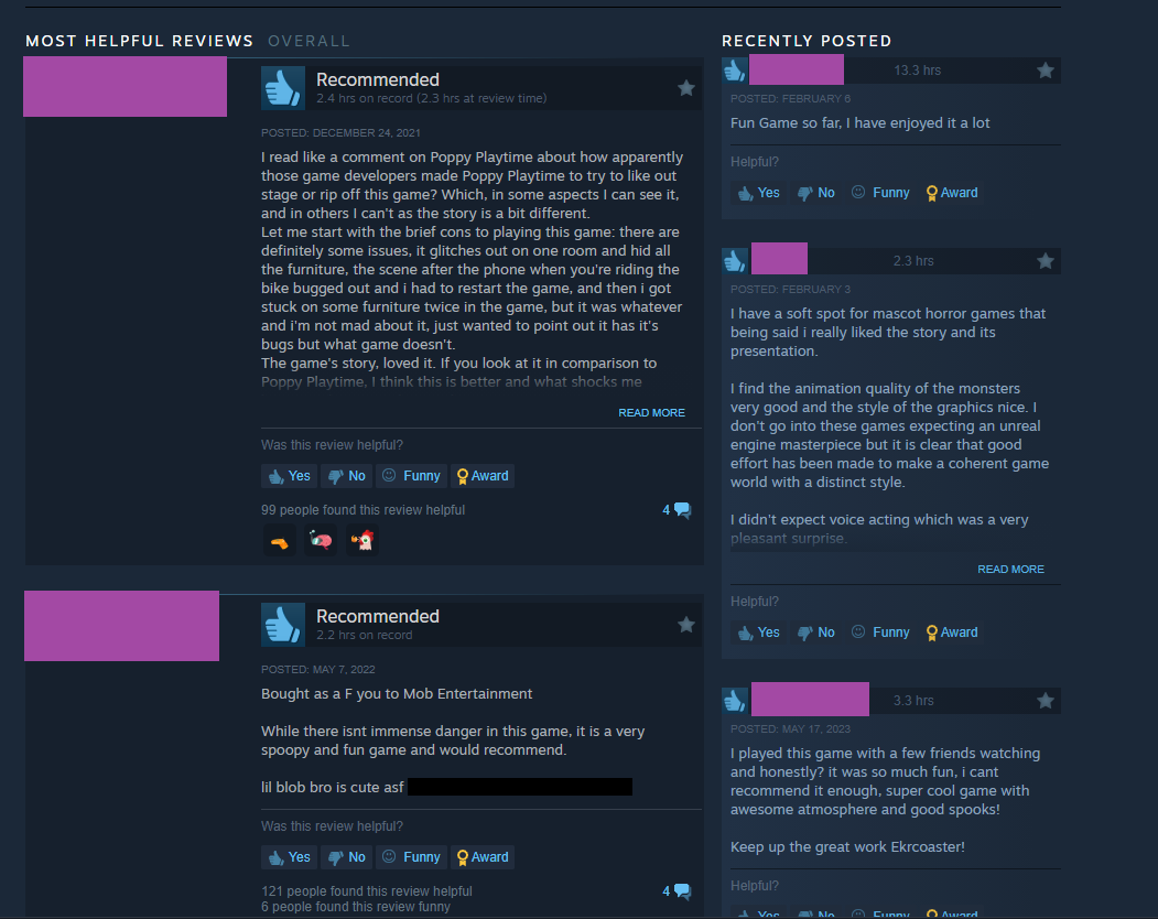 Screenshot of highly-rated positive Steam reviews for the game Venge, many of which express dissatisfaction with Mob Entertainment over the plagiarism allegations.