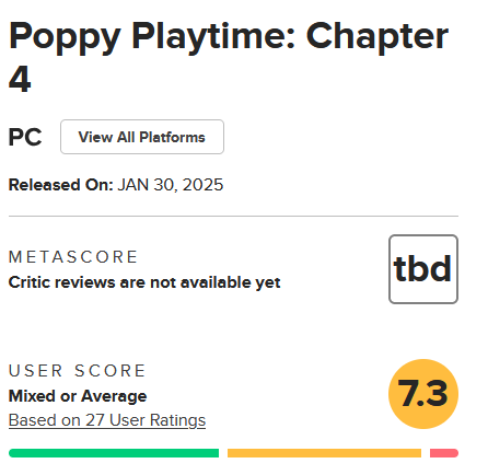 Screenshot of Poppy Playtime Chapter 4's metacritic page as of June 22, 2025, showing that a critical scores is "to be determined"