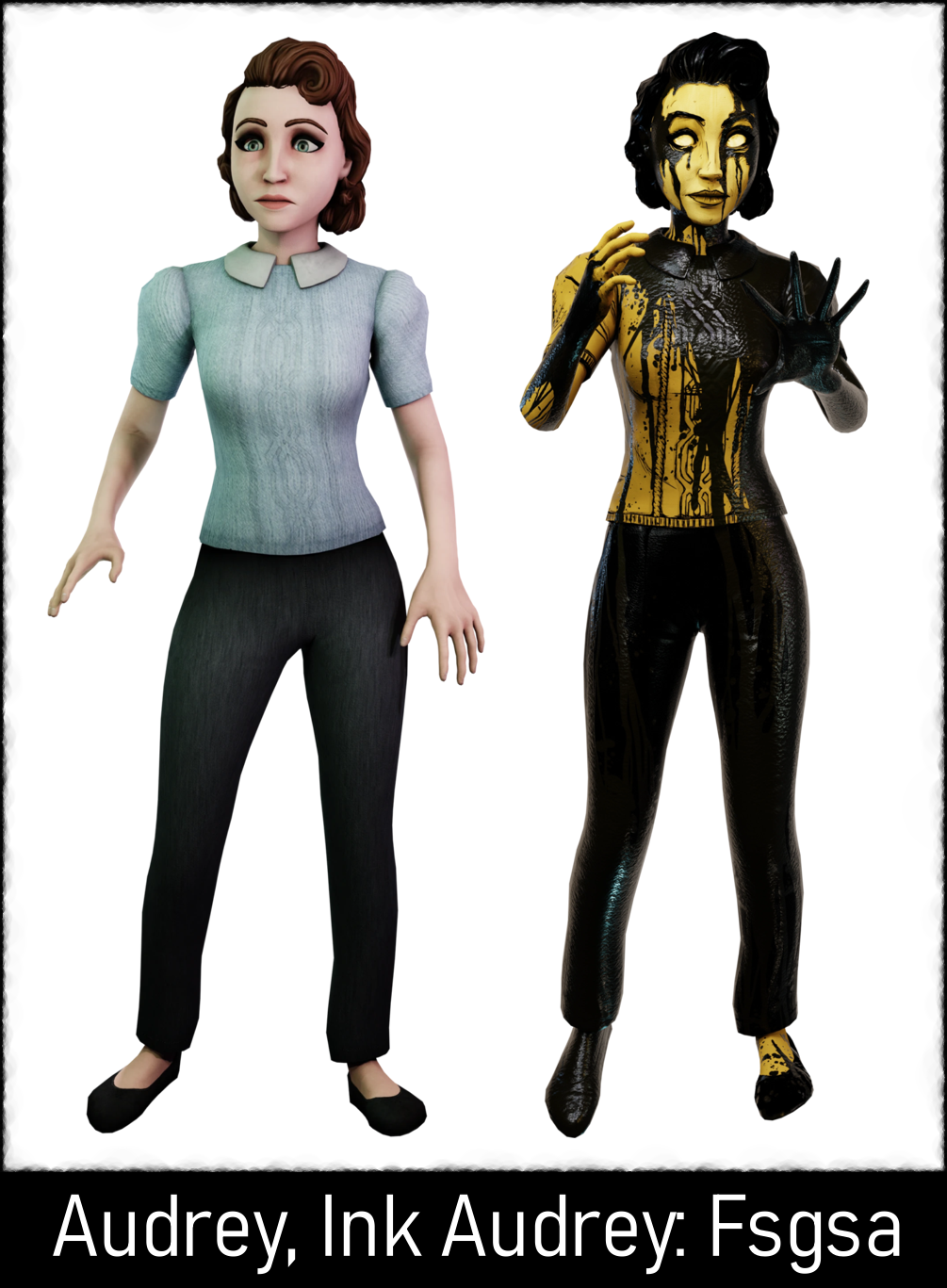 Audrey is a young professional woman. The ink version of her is, along with Wilson, the least affected any character has been by the Ink Machine in the series. Credit to Fsgsa for the images.