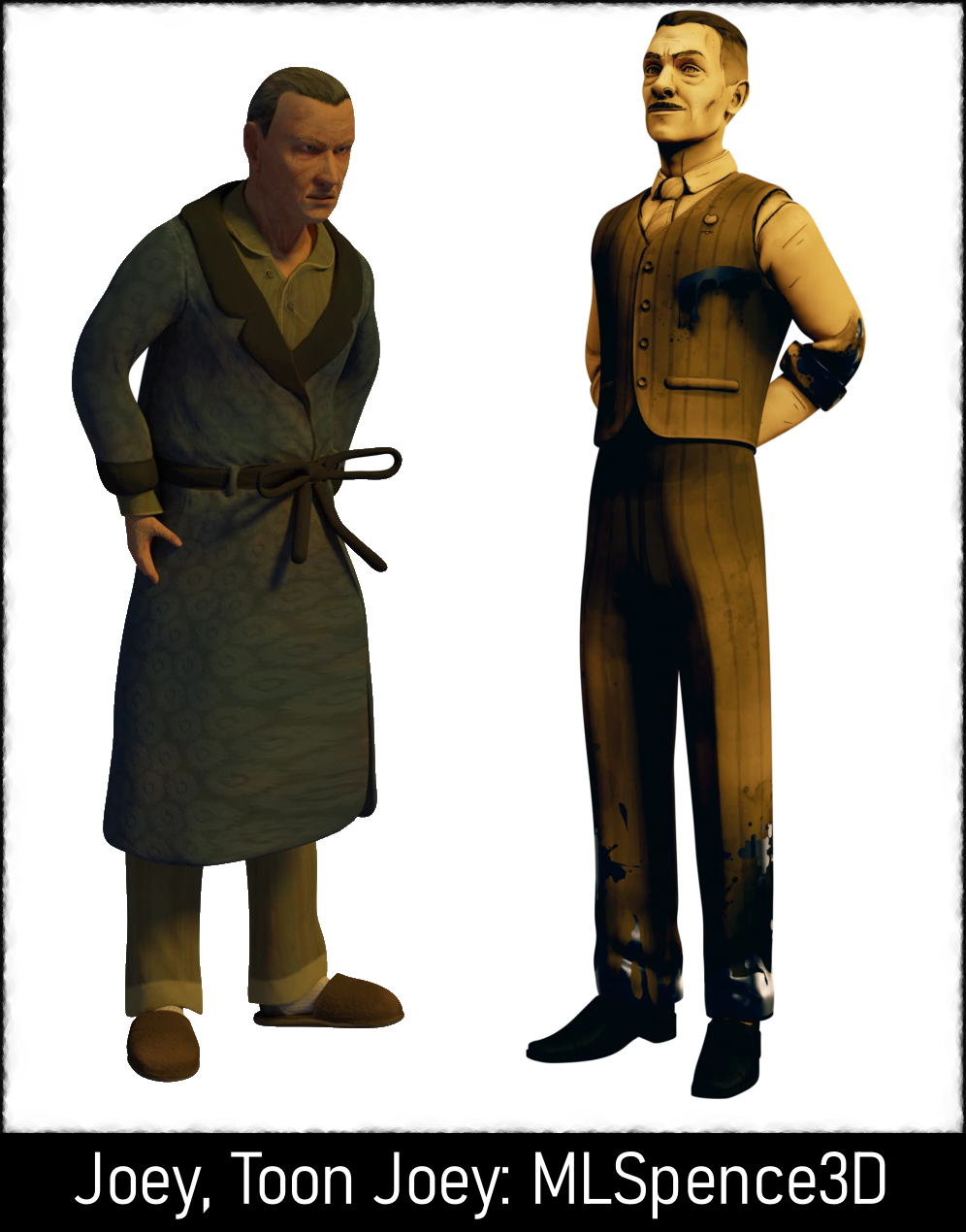Joey Drew in the first game is an old man in a bathrobe, hunched over, wrinkled, with a receding hairline. The memory of Joey Drew is young, stands tall, and is conventionally hansome in a fine business outfit.