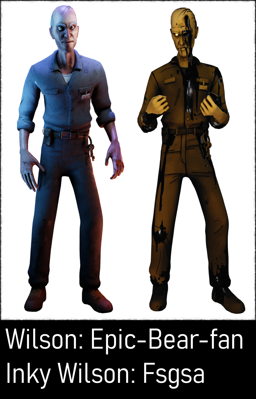 Wilson is depicted as an elderly balding janitor with one blind eye who stands with an awkward, uncomfortable pose. Credit to Fsgsa and Epic-Bear-Fan for the images.